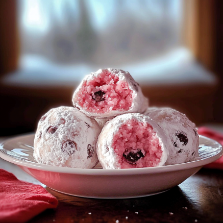 Strawberry Chocolate Chip Snowball Cookies