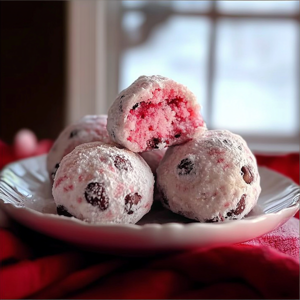 Strawberry Chocolate Chip Snowball Cookies