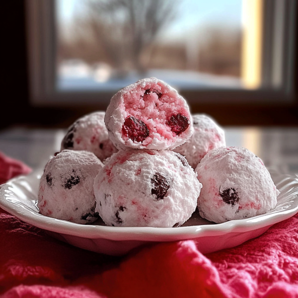 Strawberry Chocolate Chip Snowball Cookies