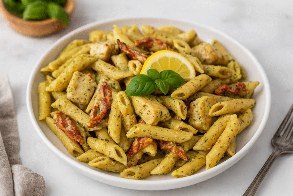 creamy pesto chicken pasta bake
