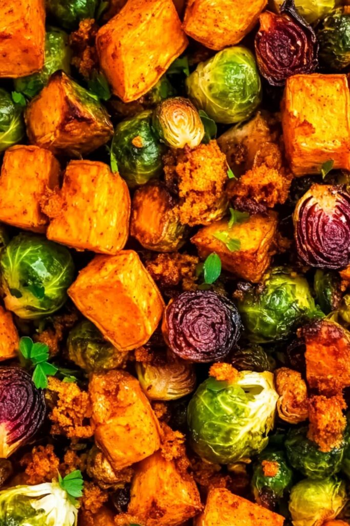 Roasted Brussels Sprouts and Sweet Potatoes